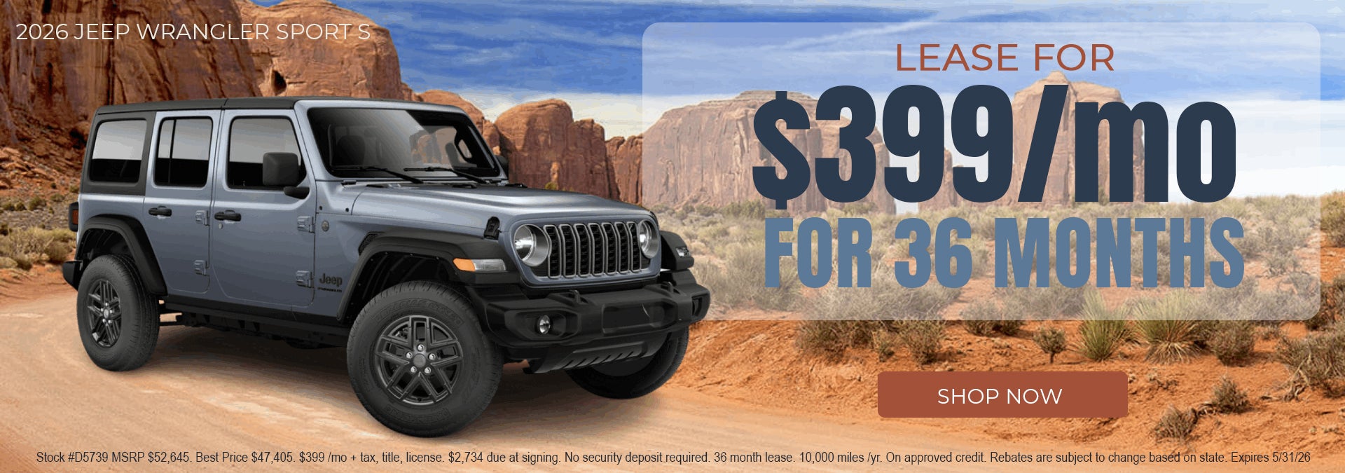 Lease a new 2026 Jeep Wrangler Sport S for $399/mo